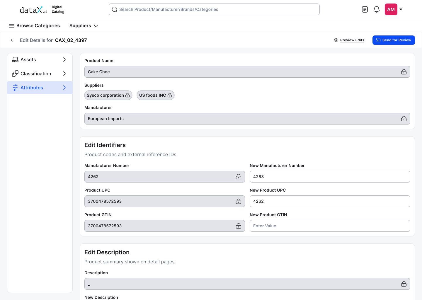 Edit attributes screen, editable fields inline, locked fields clearly marked
