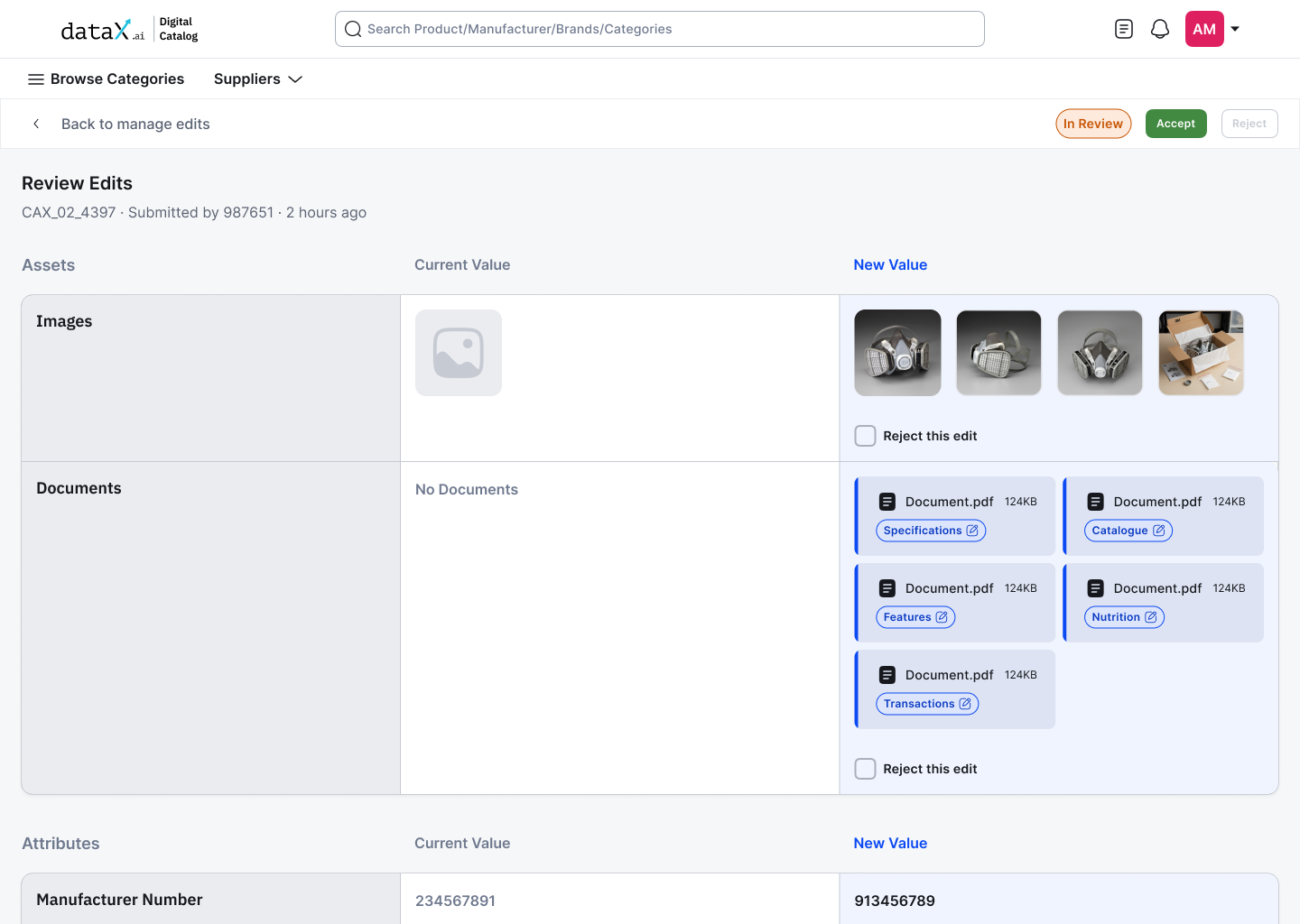 Review Edits screen, current vs new value side by side, Reject checkbox per field