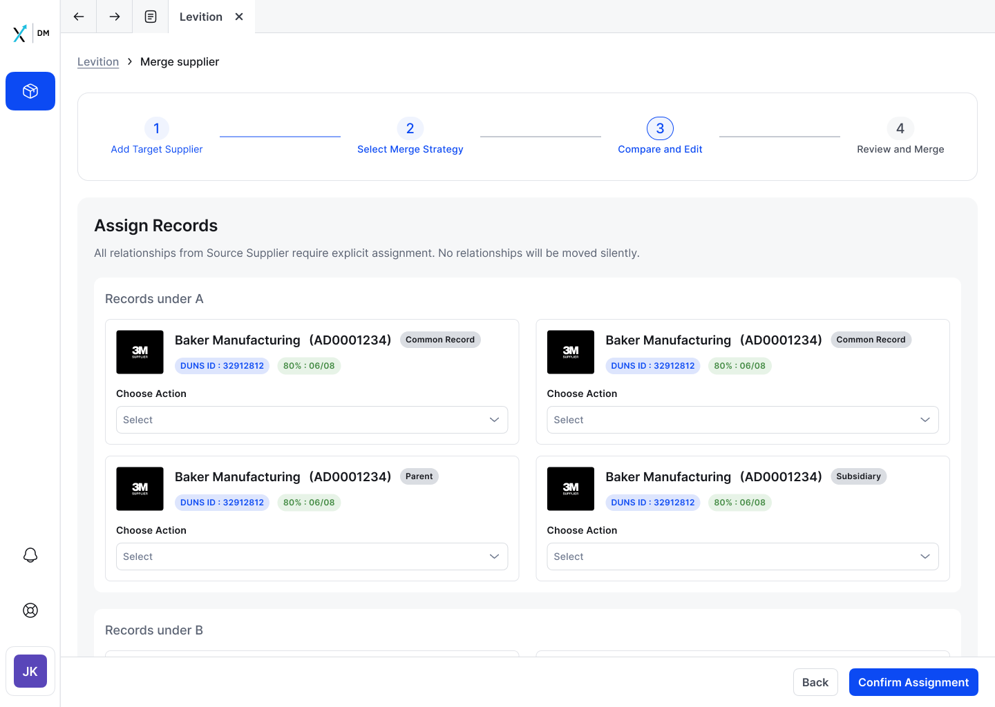 Assign Records, explicit decision per relationship, grouped by type